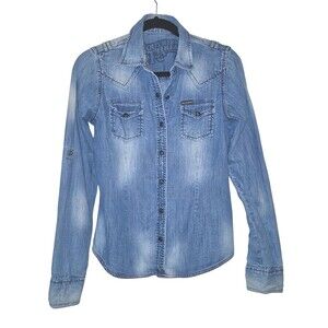 Southern Thread Pearl Snap Western Zip Up Back Long Sleeve Roll Tab Shirt Med